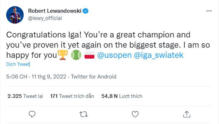 Lewandowski ca ngợi Swiatek sau chức vô địch US Open