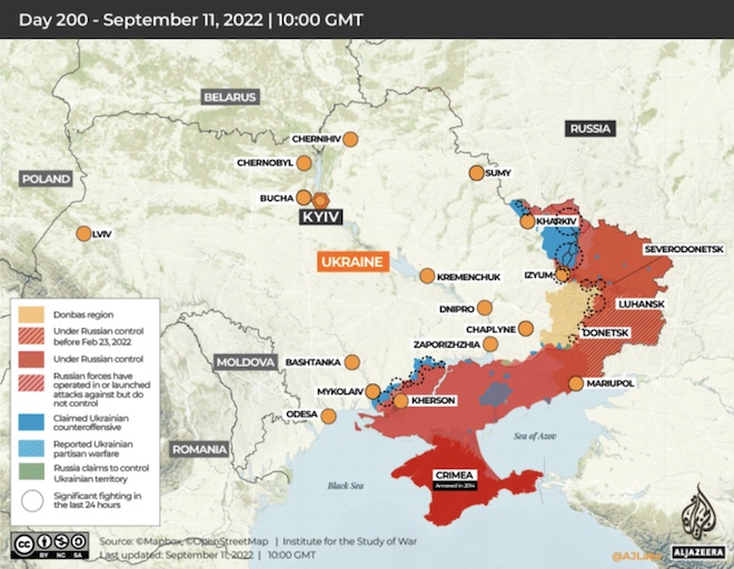 Các vùng lãnh thổ màu xanh do Ukraine giành lại trong đợt phản công Nga ở miền nam và đông bắc. Ảnh: Al Jazeera.