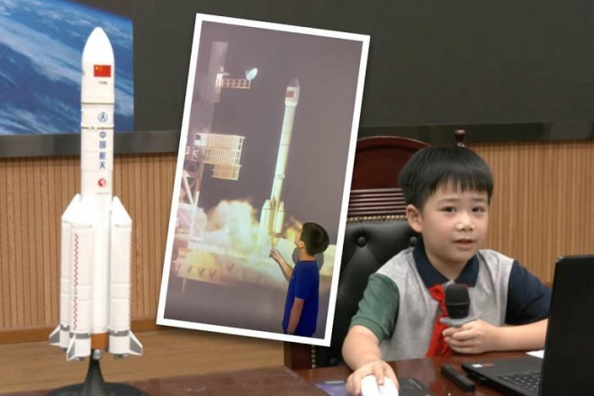 Bé trai được nhà trường mời chia sẻ kiến thức về tên lửa với bạn học.
