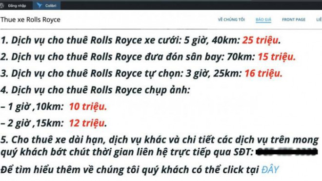 Một bảng giá thuê xe Rolls-Royce được đăng tải trên mạng