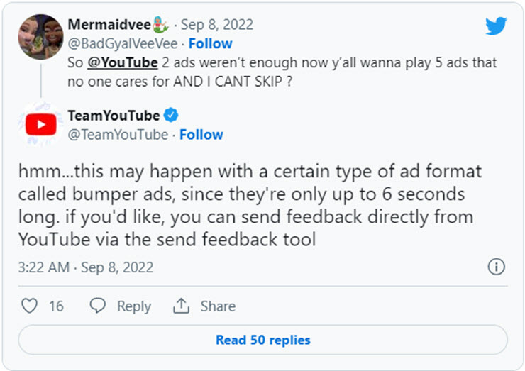 Nhóm YouTube trên Twitter trả lời khiếu nại của người dùng về quảng cảo không thể bỏ qua.