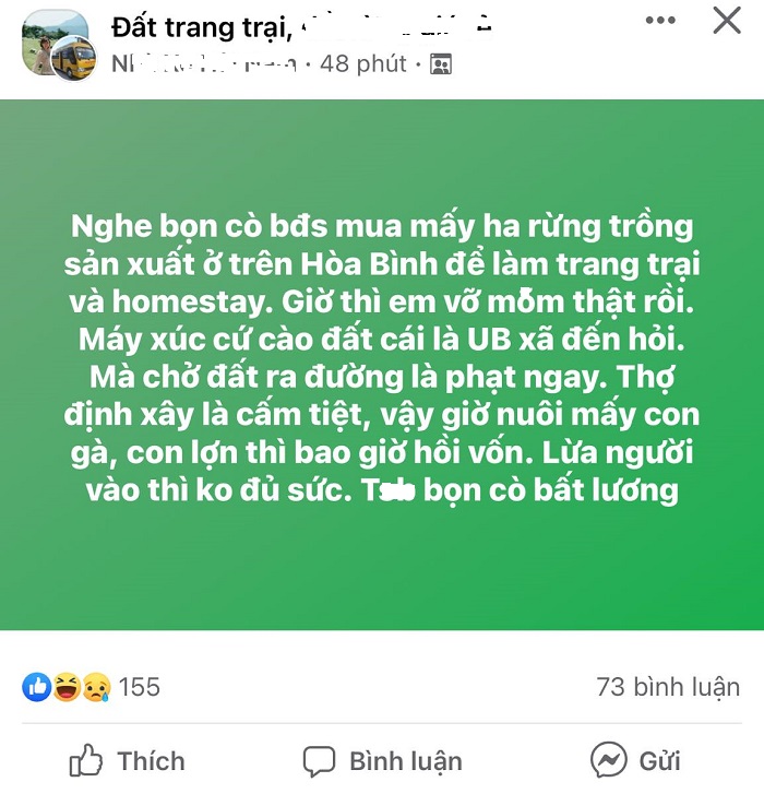 Quá bức xúc về câu chuyện đầu tư đất trang trại, nhà đầu tư đã đăng tải trạng thái trên mạng xã hội