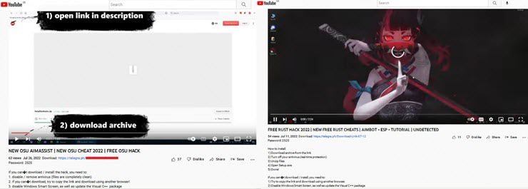 Các video giả mạo cung cấp crack hoặc phần mềm gian lận được tải lên YouTube.