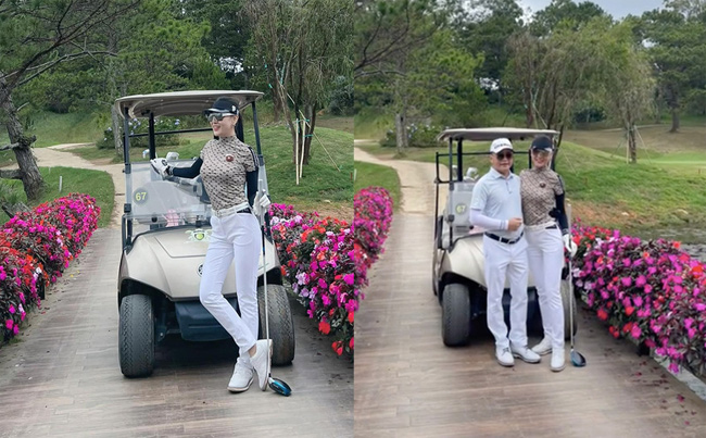 Khi cùng nhau đi chơi golf, hai người vui vẻ chụp hình chung, qua đó lộ rõ vóc dáng thực tế được chụp bằng&nbsp;camera thường.
