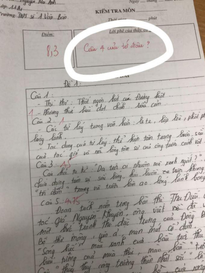 Học trò làm thiếu một câu, giáo viên để lại lời phê khiến ai nấy đều bật cười - 1