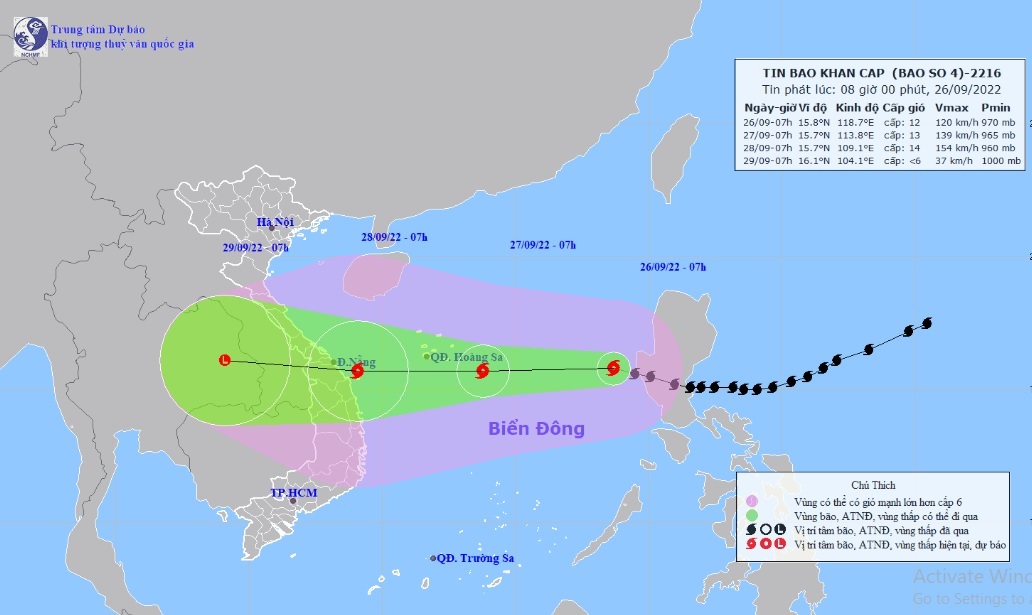 Vị trí và hướng di chuyển tiếp theo của bão số 4 Noru. (Ảnh: Trung tâm Dự báo KTTVQG)