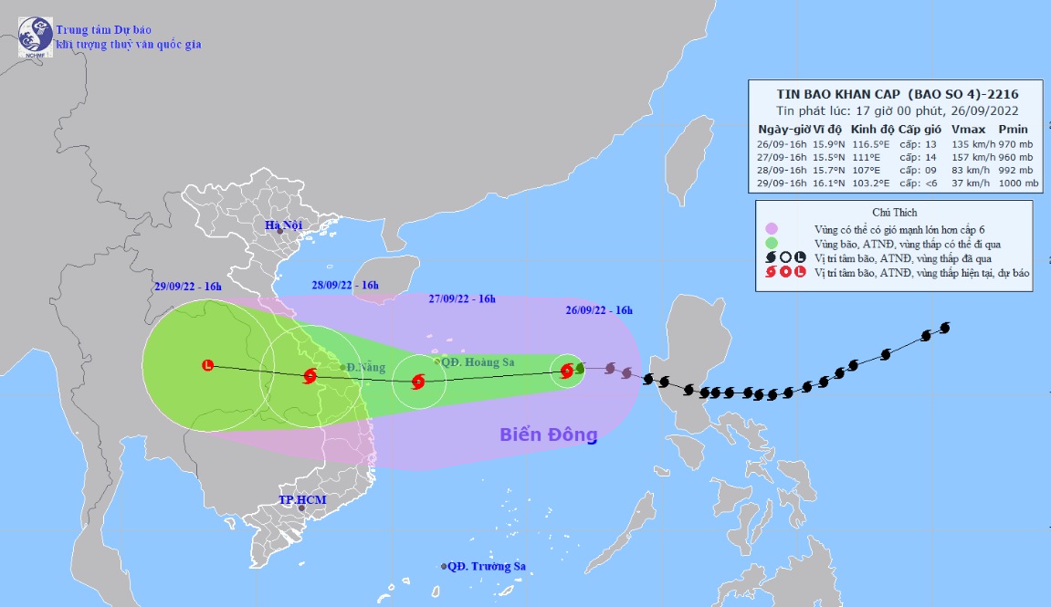 Vị trí và hướng di chuyển tiếp theo của bão số 4 Noru. (Ảnh: Trung tâm Dự báo khí tượng thủy văn Quốc gia)