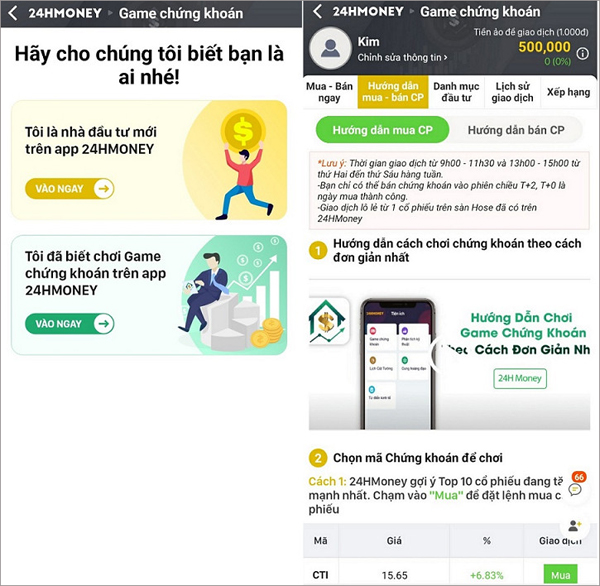 Nhà đầu tư mới có thể tập đầu tư với Game chứng khoán trên ứng dụng 24HMoney