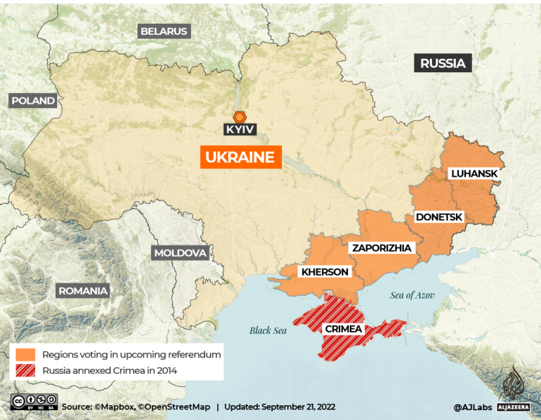 Bản đồ 4 khu vực ở Ukraine tổ chức trưng cầu dân ý sáp nhập Nga (ảnh: (ảnh: Aljazeera)