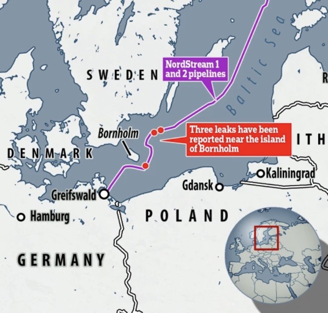 3 điểm rò rỉ được ghi nhận trên tuyến đường ống Nord Stream, đoạn đi qua biển Baltic.