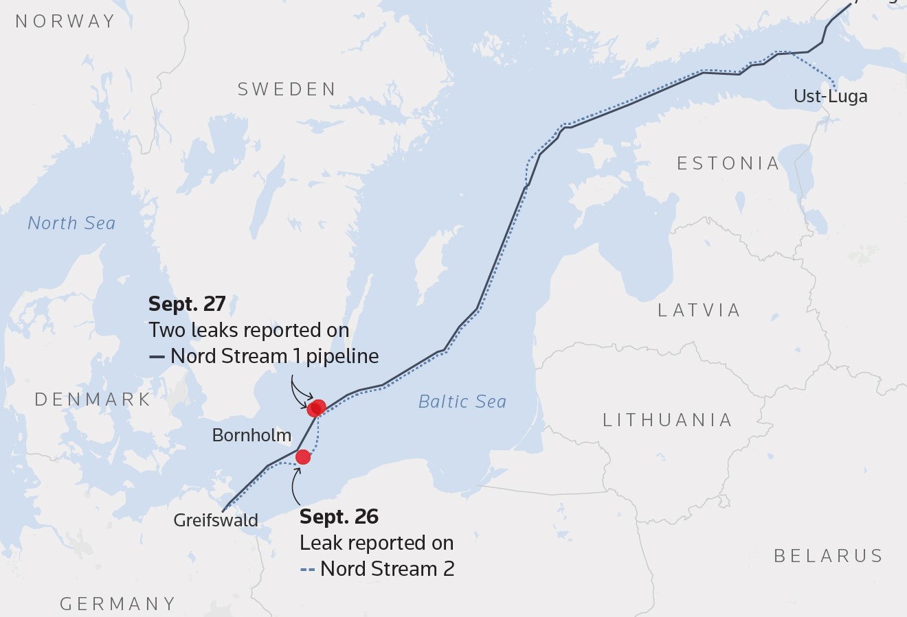 Vị trí ở các khu vực xảy ra sự cố rò chỉ của đường ống Nord Stream 1 và Nord Stream 2 (ảnh: Reuters)