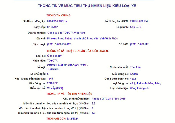 Toyota Corolla Altis GR-S lộ thông tin đăng kiểm tại Việt Nam - 1