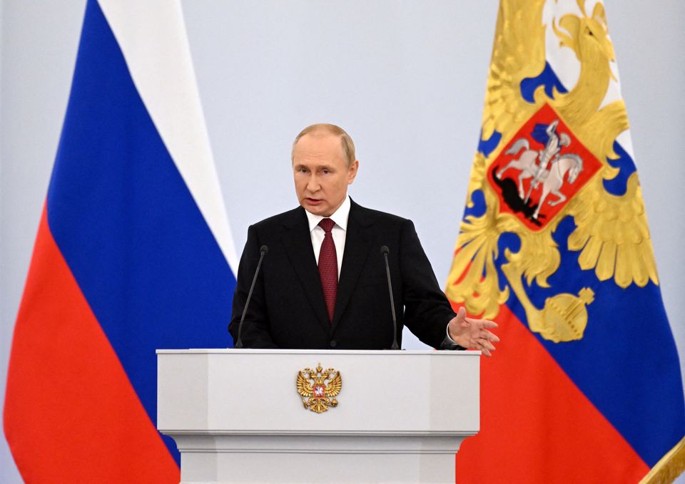 Tổng thống Nga Vladimir Putin phát biểu tại buổi lễ ở điện Kremlin ngày 30/9. Ảnh: Reuters