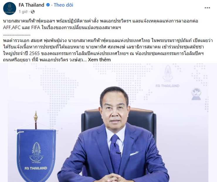Chủ tịch LĐBĐ Thái Lan chuẩn bị từ chức vì 