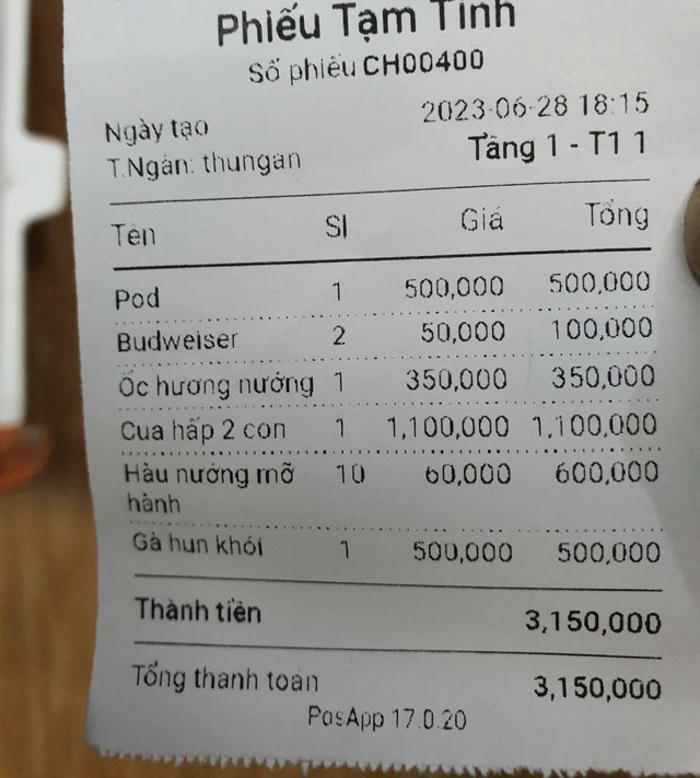 Tổng hóa đơn anh T phải trả là hơn 3,1 triệu đồng cho buổi hẹn hò "nhớ đời". Ảnh: NVCC