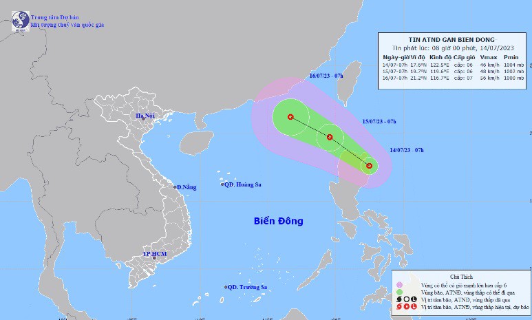 Vị trí và hướng di chuyển tiếp theo của áp thấp nhiệt đới. (Ảnh: Trung tâm Dự báo KTTVQG)