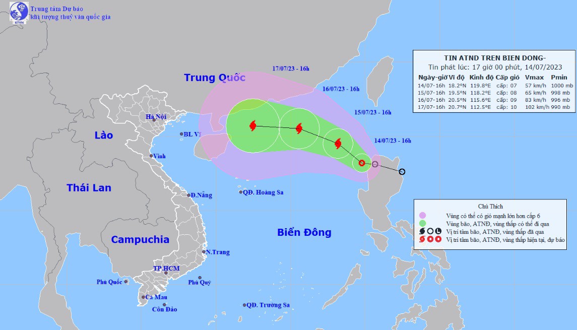 Vị trí và hướng di chuyển tiếp theo của áp thấp nhiệt đới (Ảnh: Trung tâm Dự báo KTTVQG)