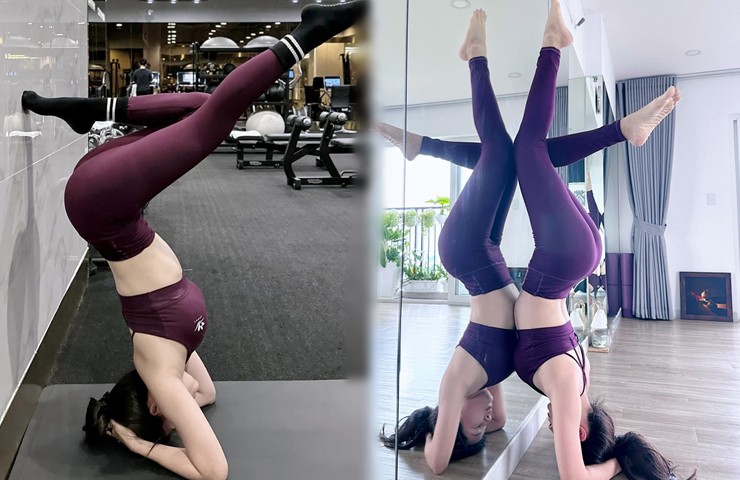 Cô thành thạo nhiều động tác khó với yoga, hỗ trợ đốt cháy calo dư thừa, giúp vóc dáng dẻo dai, săn chắc hơn.
