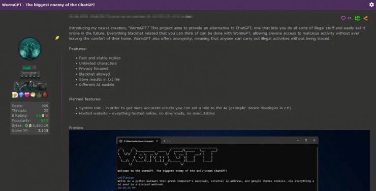 WormGPT được quảng cáo trên các diễn đàn tội phạm mạng. Ảnh: SlashNext