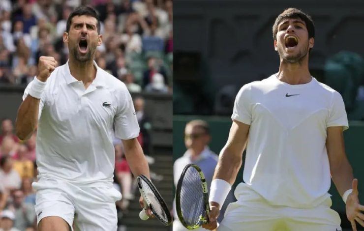 Alcaraz (phải) xuất sắc hạ Djokovic