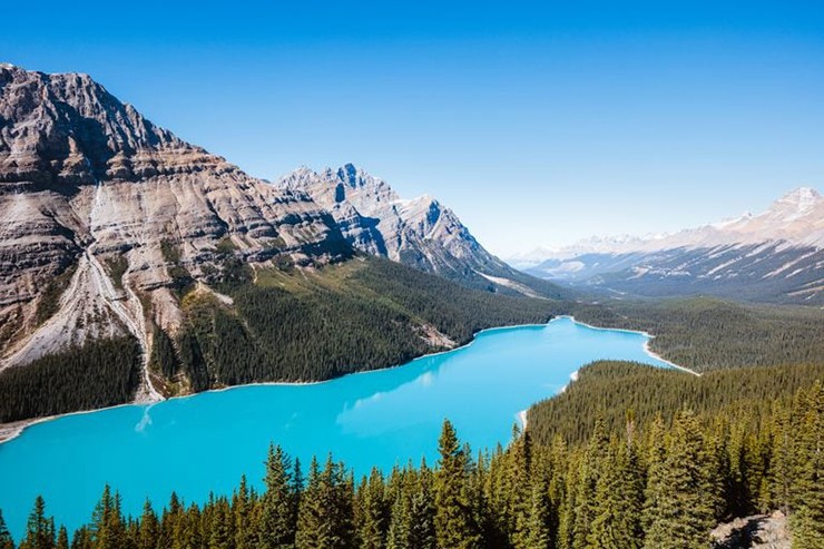 Hồ Peyto, Alberta, Canada: Đây là một viên ngọc quý nằm ẩn mình trong Công viên Quốc gia Banff. Một chuyến đi bộ đường dài hơn 6km&nbsp;sẽ đưa bạn đến vùng nước trong xanh tuyệt đẹp này. Thời điểm tốt nhất để ghé thăm hồ này là vào mùa hè, khi bột đá băng chảy vào nước, tạo ra ánh sáng màu ngọc lam độc đáo của nó.
