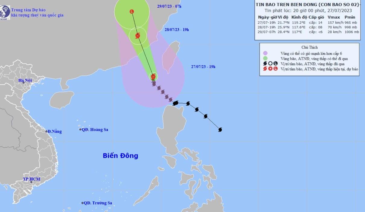 Vị trí và hướng di chuyển tiếp theo của bão số 2 Doksuri. (Ảnh: Trung tâm Dự báo KTTVQG)