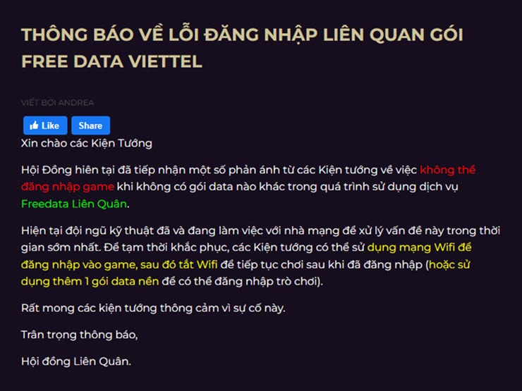 Thông báo trên trang chủ của Garena về sự cố đăng nhập của Liên Quân Mobile.