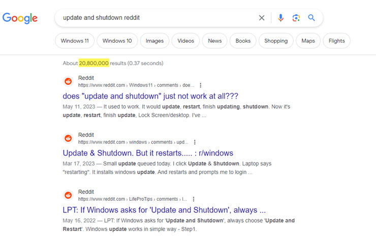 Rất nhiều chủ đề về tính năng “Update and Shutdown” được tạo ra bởi người dùng Reddit.