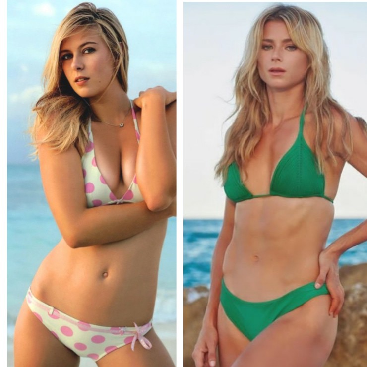 Camila (bikini xanh) hiện đã được tìm kiếm nhiều hơn cựu "Nữ hoàng" banh nỉ Sharapova (trái)