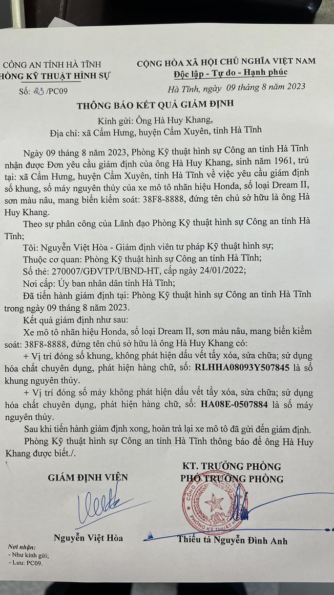 Giấy thông báo kết quả giám định của Phòng kỹ&nbsp;thuật hình sự, Công an tỉnh Hà Tĩnh gửi cho anh T. (Ảnh N.X.T)