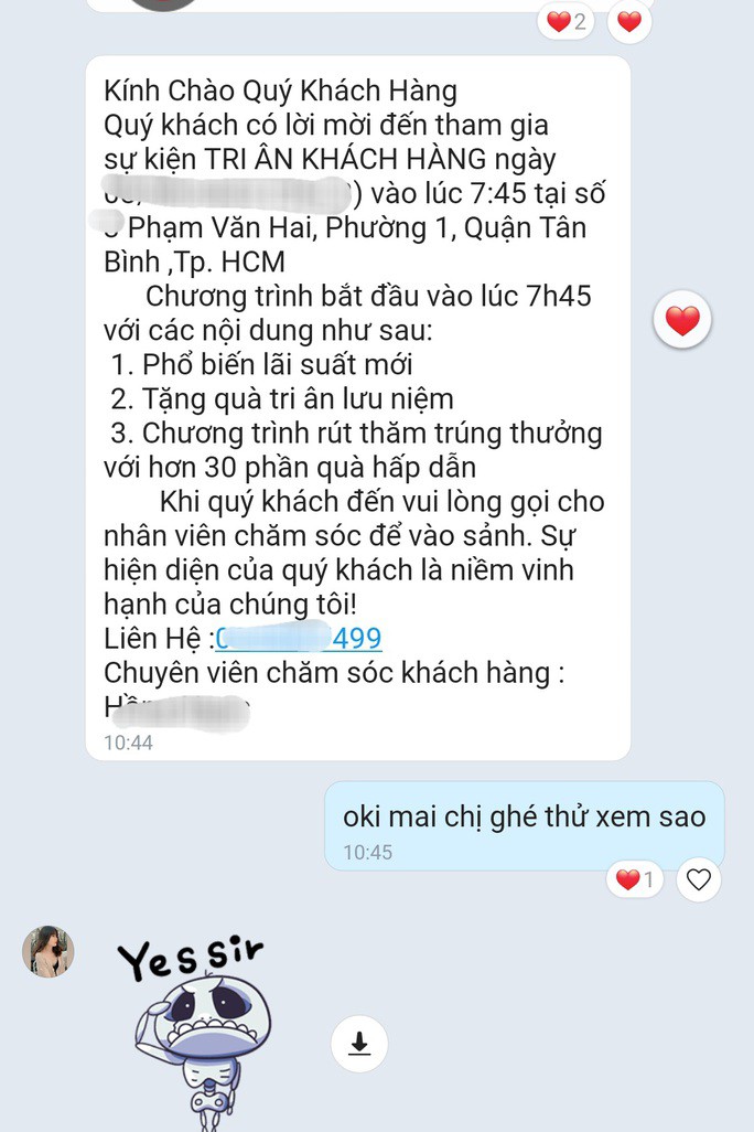 Tin nhắn chào mời và lịch trình dự sự kiện được các đối tượng gửi đến khách hàng