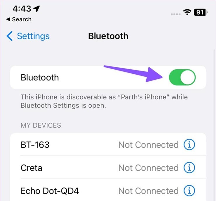 Tùy chọn tắt hoàn toàn Bluetooth trên iPhone.