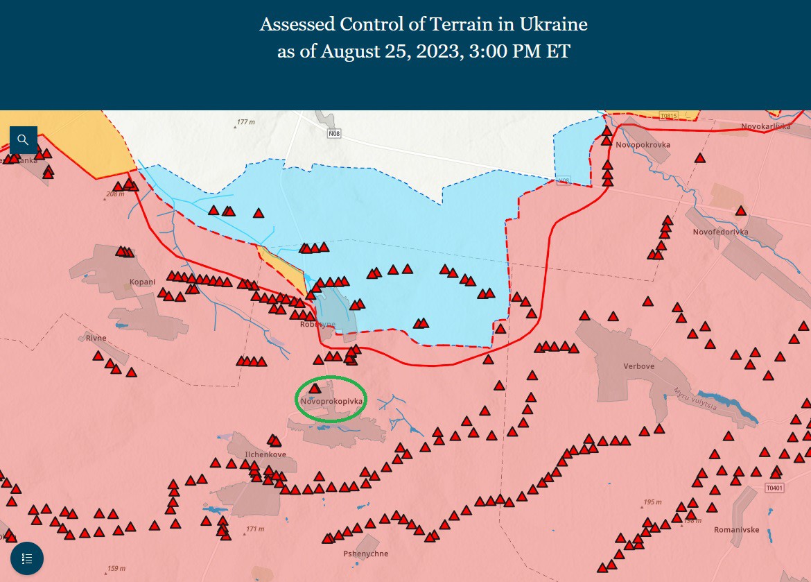 Ukraine đang tìm cách vượt qua tuyến phòng thủ của Nga (đường kẻ màu đỏ) để hướng tới làng Novoprokopivka (màu xanh). Ảnh: ISW.