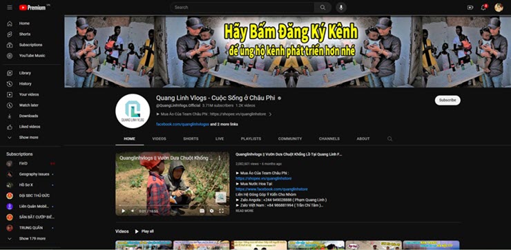 Kênh YouTube của Quang Linh Vlogs với lượng người theo dõi “khủng”.