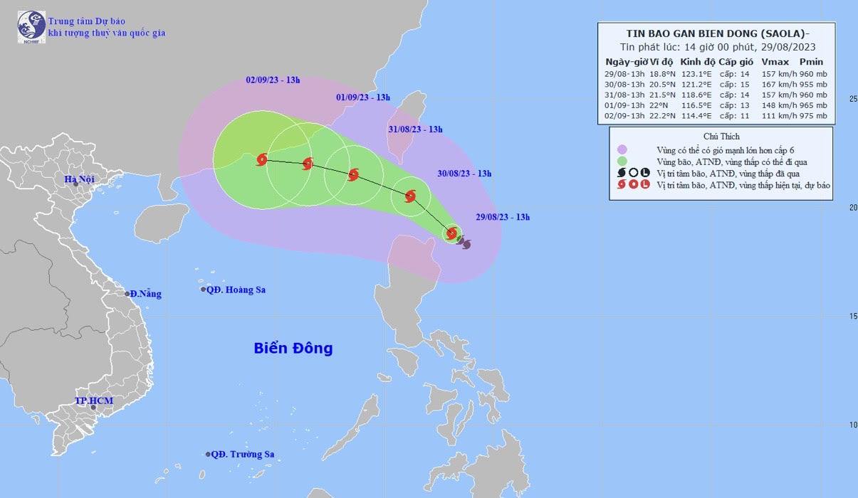 Dự báo đường đi của bão Sao La. (Ảnh: Trung tâm Dự báo KTTVQG)