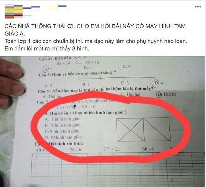 Mẹ làm bài tập toán lớp 1 của con đếm được 11 hình tam giác, phụ huynh khác náo loạn vì chỉ đếm được 8 - 2