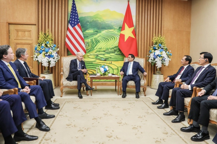 Thủ tướng Phạm Minh Chính và Tổng thống Mỹ Joe Biden cùng các quan chức cấp cao hai nước trong cuộc gặp ngày 11/9. (Ảnh: Nhật Minh)