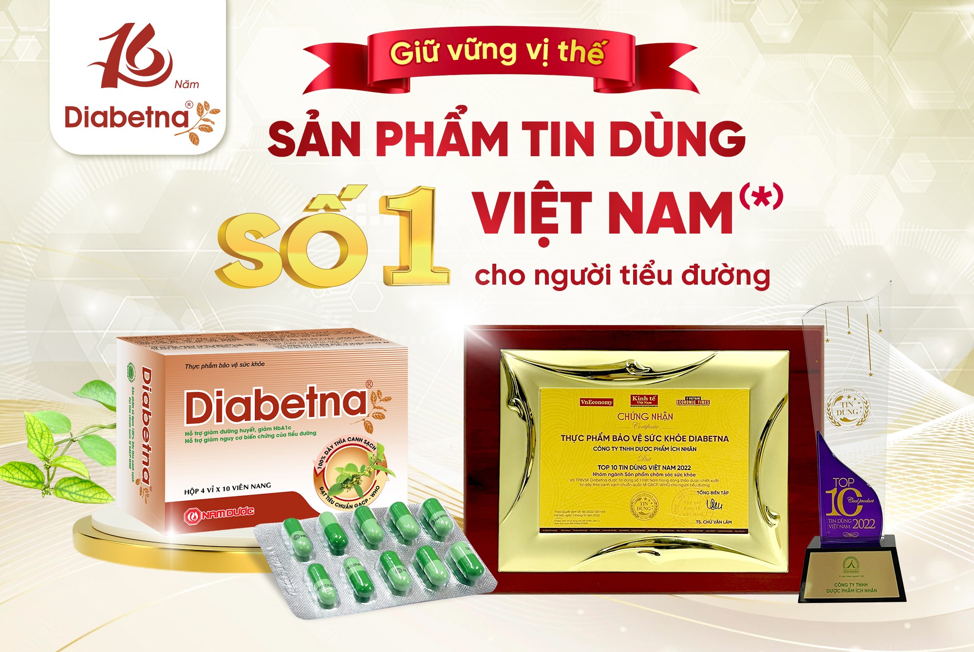 Diabetna - Sản phẩm được tin dùng số 1 Việt Nam trong dòng thảo dược&nbsp;cho người tiểu đường chiết xuất từ dây thìa canh&nbsp;(Theo bình chọn của bạn đọc Tạp chí Kinh tế Việt Nam và người tiêu dùng năm 2020, 2021, 2022).