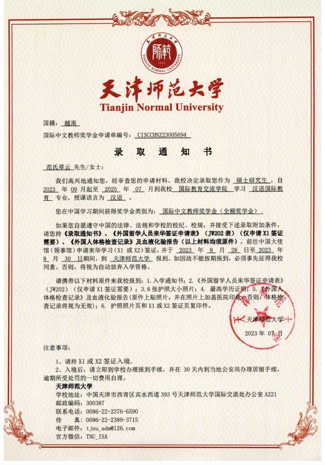 Nữ sinh 10X đạt học bổng toàn phần hệ Thạc sĩ Đại học Sư phạm Thiên Tân Trung Quốc - 2