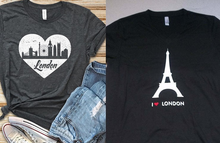 Chiếc áo sơ mi “I Love London” này có decal hình Tháp Eiffel trên đó, một biểu tượng văn hóa được cho là&nbsp;không&nbsp;nằm ở London.
