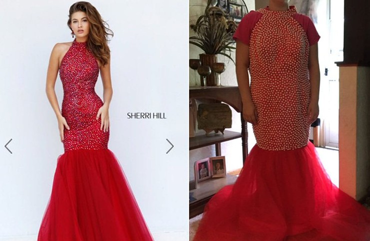 Những gì được cho là một chiếc váy đuôi cá kiểu dáng đẹp của nhà thiết kế Sherri Hill cuối cùng lại quá rộng và được bao phủ bởi những viên ngọc trai giả lòe loẹt thay vì thêu thật.&nbsp;