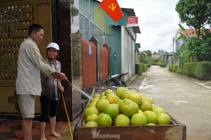 Người dân dùng máy xịt nước để rửa sạch bưởi. Khi bưởi ráo sẽ bán cho thương lái.