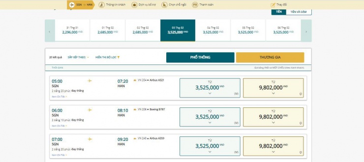 Giá vé hãng bay Vietnam Airlines ngày 3/2 (ảnh chụp màn hình).