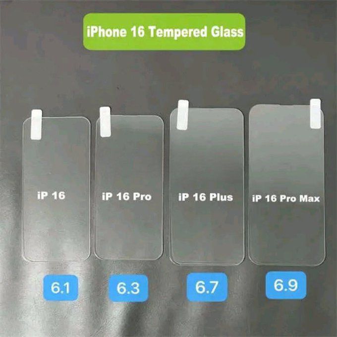 Hình ảnh về kính bảo vệ màn hình tin đồn của dòng iPhone 16, để lộ kích cỡ màn hình tương ứng.