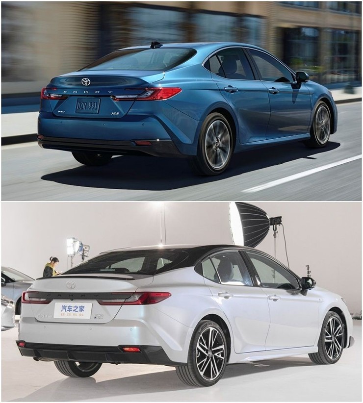 Thiết kế đuôi xe Toyota Camry đời mới tại Mỹ (trên) và tại Trung Quốc (dưới)