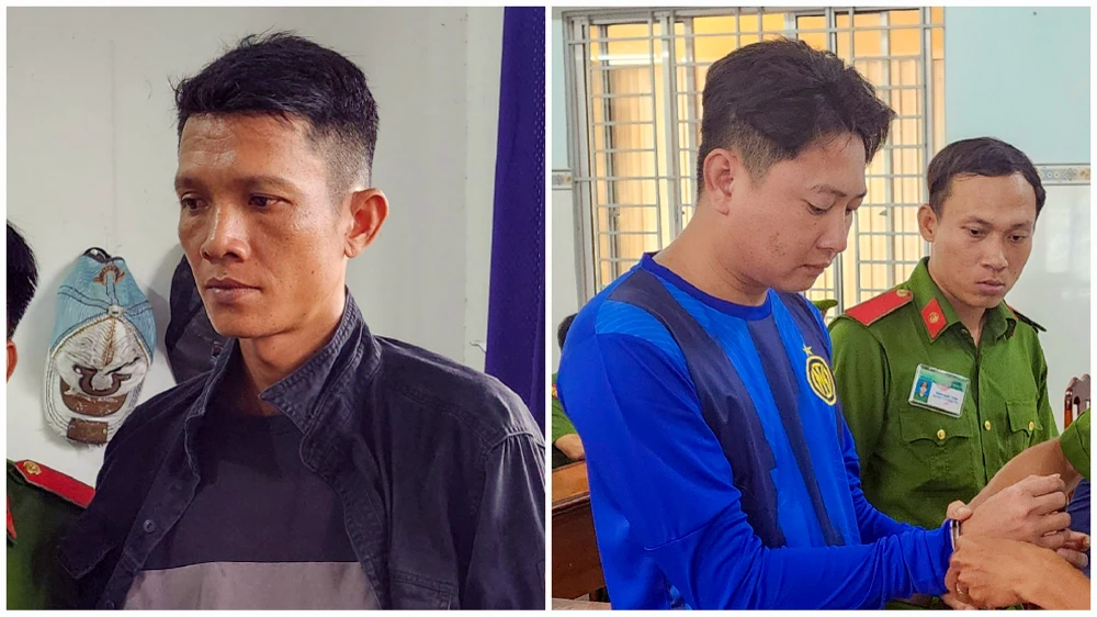 Bị can Thái Quốc Tịnh (ảnh trái) và bị can Phạm Minh Quyết tại cơ quan công an. Ảnh: VĂN VŨ