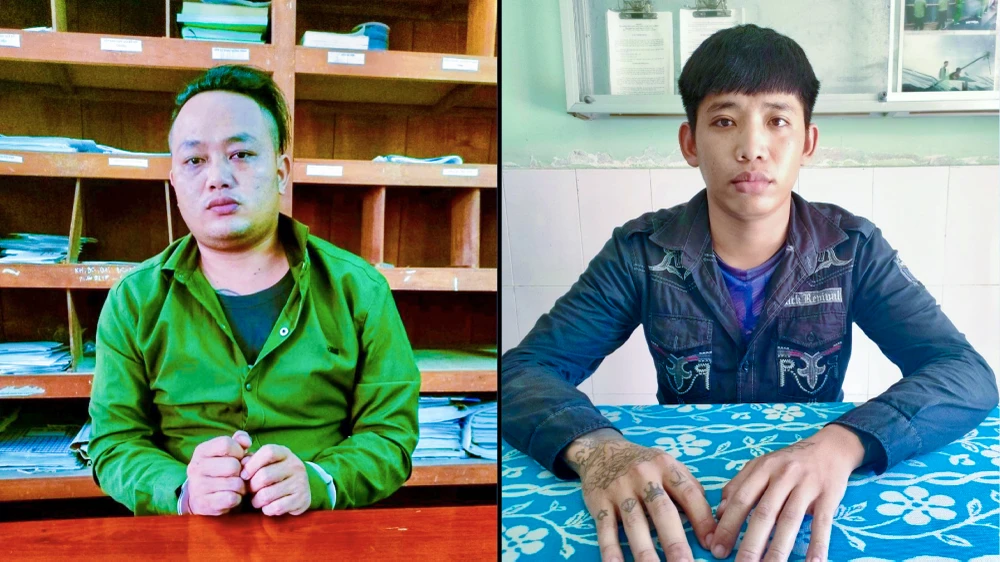 Từ trái qua: Bị can Đinh Văn Lành và bị can Huỳnh Chí Khanh tại cơ quan công an. Ảnh: CAKG