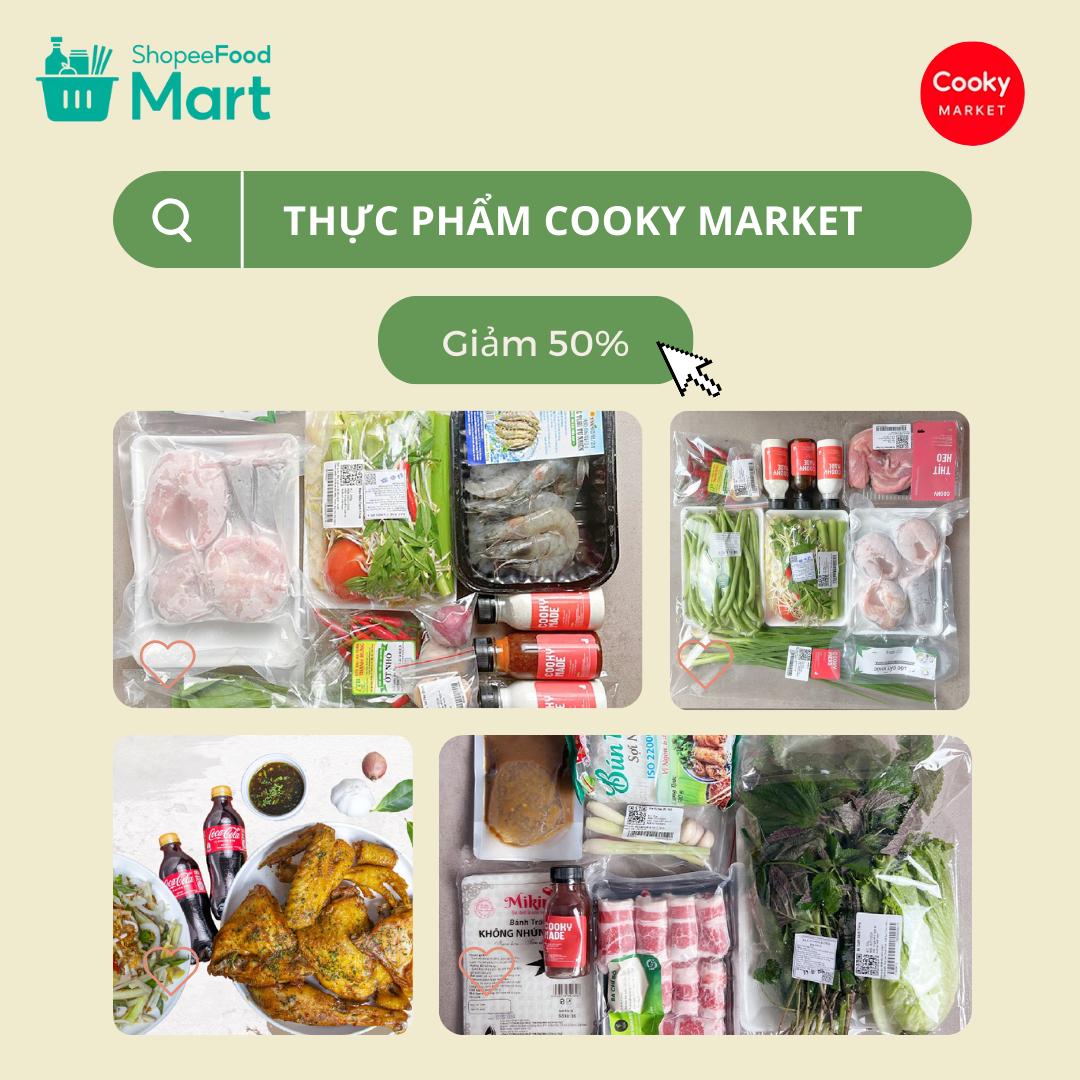 Đại tiệc món ngon giảm đến 50% đang diễn ra tại gian hàng của Cooky Market trên ShopeeFood Mart.