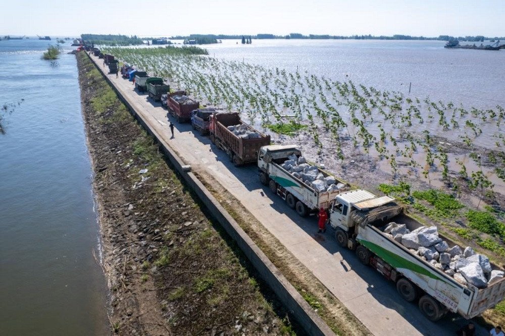 Hàng chục chiếc xe tải nối đuôi nhau chở đá vá đê (ảnh: Xinhua)