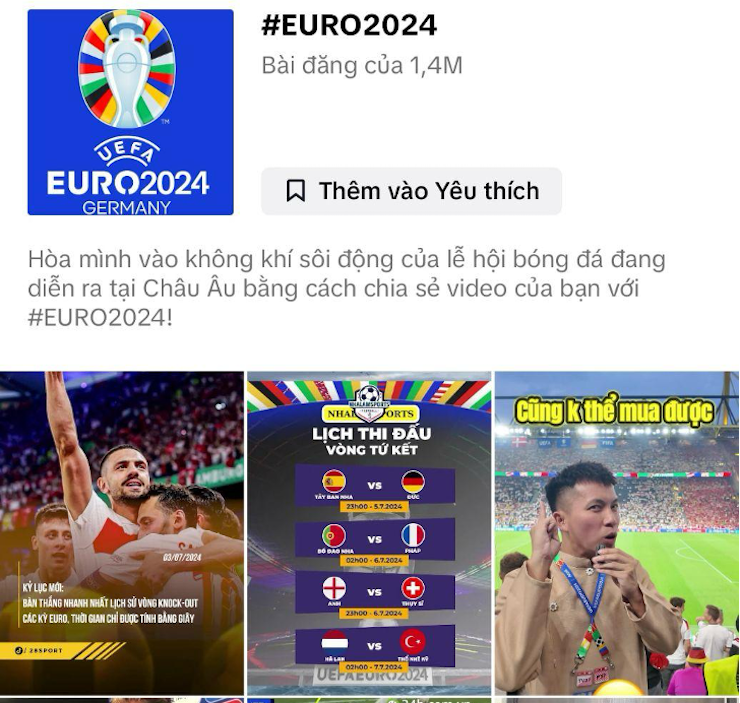 Đã có gần 20 tỷ lượt xem các clip gắn hashtag #EURO2024 trên TikTok.